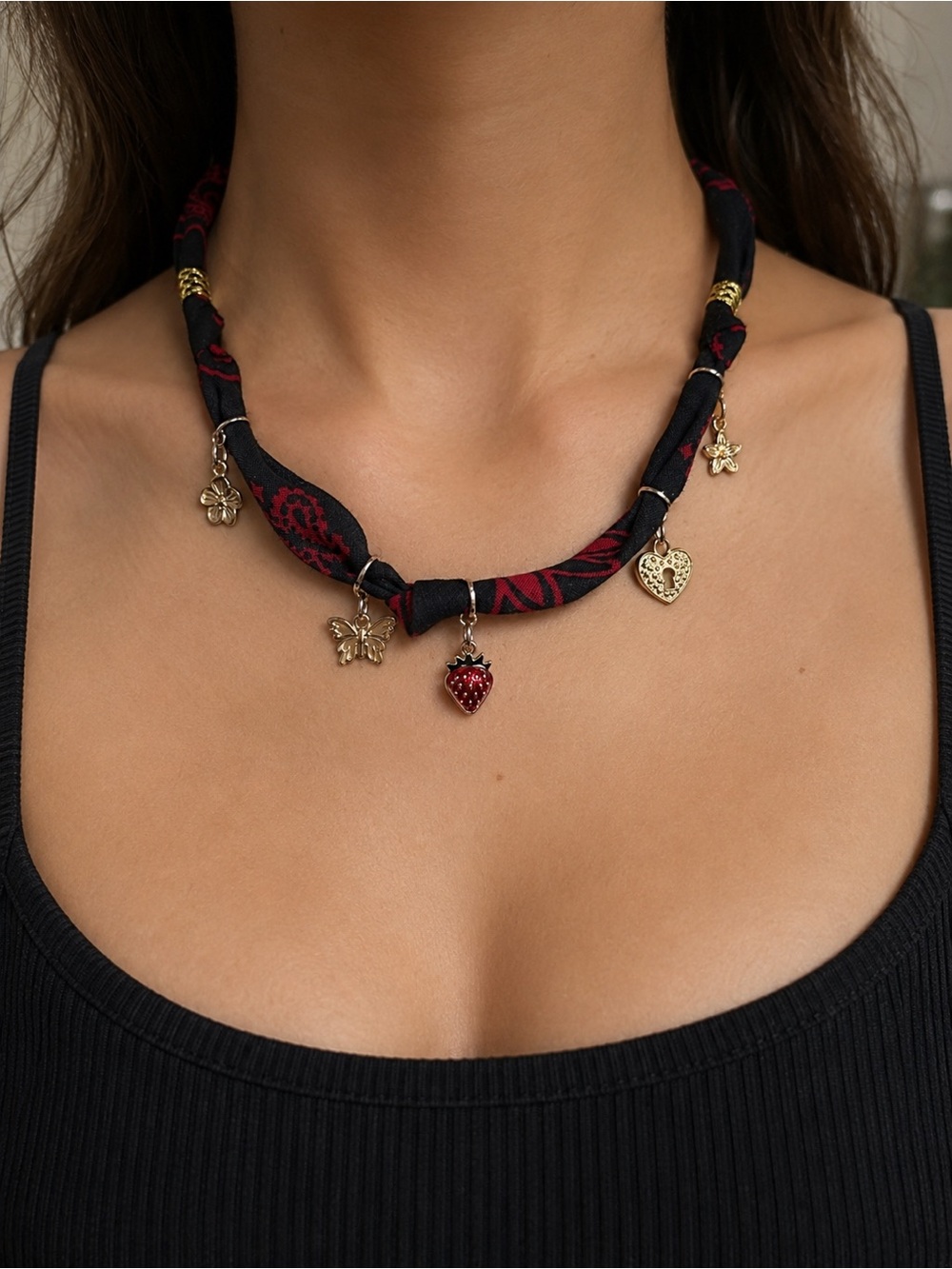 Braided Bandana Charm Necklace | Strawberry, Butterfly & Heart Lock Charms - Picture 1 of 8